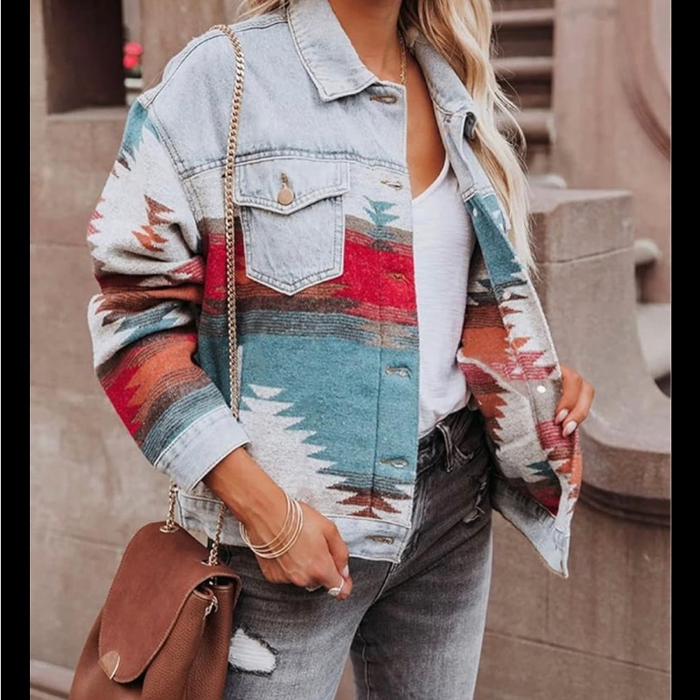 Vici Denim Distressed Jacket with Aztec detailing